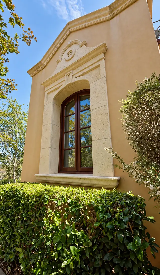 Arched wood window in a carved stone surround on a painted stucco gable