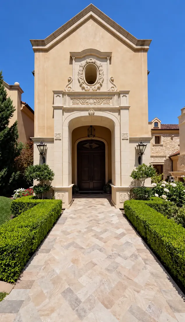 Rancho Santa Fe estate entry with a painted stucco gable, carved stone surround and arched wood front doors